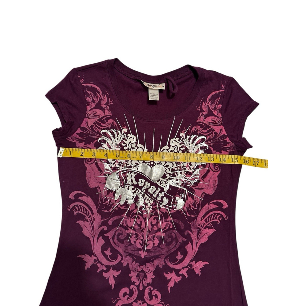 SELF ESTEEM Royalty Tee Shirt Top Womens Large Purple & Silver Slim Fit Blouse - Picture 5 of 14